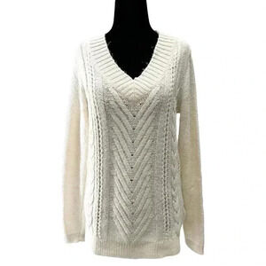 Ricki’s Cable Knit Sweater V-Neck Soft Pullover Fisherman Ivory Cream Small